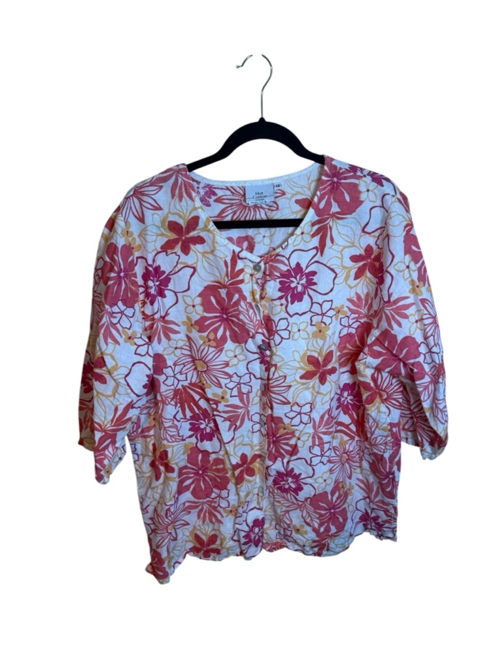 Hot Cotton Pink Floral Linen Short Sleeve Button Down Top